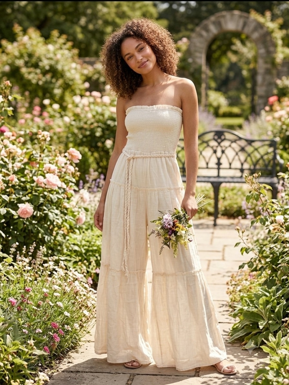 Love Tree Cream Strapless Smocked Wide-Leg Jumpsuit